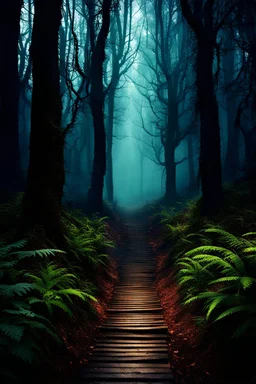 pathway leading into a Dark forest. fantasy