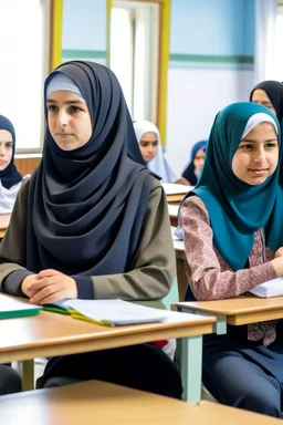 Many students wearing hejab in the classroom