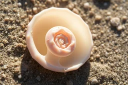 beautiful macro photography, close up of a pastel-colored fractal spiral shell laying on the rough rocky sand of a beach, moist and glinting in the sun, intricate fractal pattern, fibbonac c i sequence spiral, sun glare effect, perfect nature photography, shadows