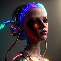 pretty irish cyber woman, cold ambient, latex, cables, purpurin, blood, black, gold, piercings, brown, decorative color feathers, circuits, neon style, a lot of led lights, fog, rain, vibrant color, highly detailed, art stations, concept art, smooth, unreal engine 5, god rays, ray tracing, RTX, lumen lighting, ultra detail, volumetric lighting, 3d, finely drawn, high definition, high resolution.