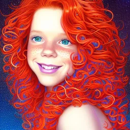 teen Robyn Lively, her striking perfectly detailed clear eyes, her perfect, precisely detailed lightly freckled face, meticulously detailed long curly multi-hued ginger carrot cherry fire red hair, luminous colorful sparkles; by james r. eads, gawki, rajewel, tania rivilis, dan mumford, lisa frank, artgerm, greg rutkowski, alphonse mucha and william-adolphe bouguereau; glitter, airbrush, octane render, volumetric lighting, 16k, photorealistic digital painting, artstation, smooth, sharp focus