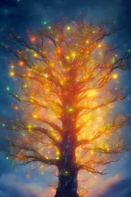 Unforgettable photo of a vibrant Big tree, stretching high above the clouds, its branches adorned with radiant colourful lanterns that lead the way to a hidden realm of celestial vivid spirits. sunset setting, birds and fireflies flying