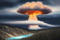 beautiful oil painting, yellowstone national park, nuclear explosion hits caldera, mushroom cloud, intense, intricate, extreme detailed, small minutiae, tiny features, particulars, nature, wood, rocks, stones, dust, smoke, particles, volumetric lighting, volumetric clouds, shaded colors