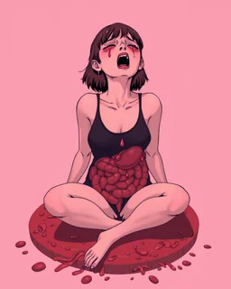 Petit weird woman crushed inside really darkred fleshy stomach filled with digestive juices, sit pose, fullbody, screaming, tears, Junji Ito style, pink tones, pastel tetradic colors, 3D vector art, isometric style, retro aesthetic,