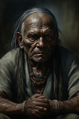 A native Indian , they but a fabric on his eye so he can not see and his arms are Handcuffed. looks miserable with bruises on his face like he has been beating sitting on a broken chair in a prison with dem light and dark prison environments , Busch painting style , sureal