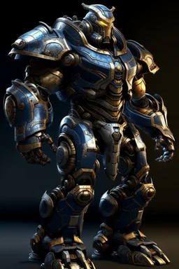 Ironclad stands at an imposing 8 feet tall and is heavily armored with a combination of sleek metallic plating and blue energy accents. His waist is snatched. His design is like Nullsector from Overwatch