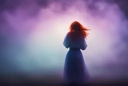 redhead auburn woman silluate, view of her back, looking into space mystic, colorful fog unknown. she's happy. looking into a circle. fog colors are purple and blue