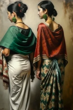 2 mexican woman painting neoclassism standing from the back whole body