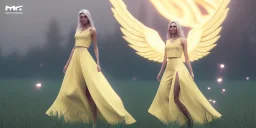 subtle queen, atmospheric, realistic, unreal engine, cinematic lighting, octane render, transparent long dress, blonde, full body, bright wings, smile, long hair