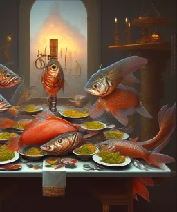 supper, fish sit at the table and eat pieces of people.