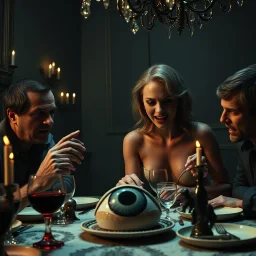Spooky, ultra realistic distress, dining, ultra realistic hot woman, nose, giant eye on a table, organic hot bondes, dynamic, anguish, excited and lively scene, hypermaximalist figures, Creepy the Ring Alfred Hitchcock, Sam Raimi, insanely detailed, sinister, John Carpenter, Dario Argento, ornate