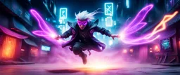 super duper mega ninja rock star fairy thief priest dungeons magician throwing a wild magic spell that performs while flying at high speed through cyber punk village, background motion blur,