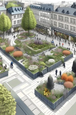 Human centred design of a square in a city surrounded by shops with plenty of flora