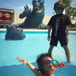 Cool dude chillin' with mirror shades fighting Godzilla, his daughter, at the pool with a gun