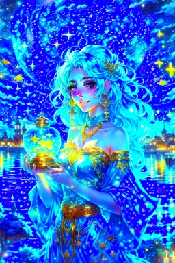 A beautiful girl with glowing starry eyes. And with turquoise hair decorated. And full body. Holds 10 glowing glass beads with a moon inside .girl void. full body Glowing golden eyes and white hair. Standing on a land of water embellished with sapphires and ornate trees. And beautiful buildings. And a sky full of star. realistic