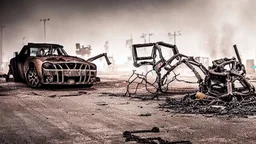 A Tesla's 'Model S Plaid' is doing donuts, in the post-apocalyptic world of the 'Terminator' movies. CINEMATIC. WIDE ANGLE LENS. PHOTO REAL.