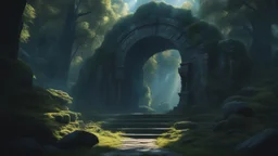 an infinite portal. magic light. stone golems. dense forrest. cinematic lighting, hyper realisme, Hyperrealistic, splash art, concept art, mid shot, intricately detailed, color depth, dramatic, 2/3 face angle, side light, colorful background