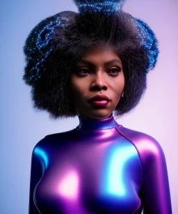 Artist, young tina turner, android woman, sweet, clean skin, afro hair, circuits, ghost in the shell, latex coat, feather, cyber punk, neon, bamboo, blood, portrait, studio photo, unreal engine 5, soft color, 16 bit, god lights, ray tracing, RTX, lumen lighting, ultra deatail, volumetric lighting, 3d, finely drawn, hd.