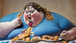 big woman stuffing mouth with food while on the phone