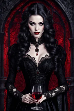 A captivating, high-resolution image of a stunningly elegant vampire woman exuding both beauty and danger. Dressed in exquisite black gothic clothing adorned with intricate details and black lace, on her dress red blood stains adding a dramatic effect. Her pale skin contrasts sharply with her dark attire, and her long, dark hair cascades down her shoulders. Holding a glass of red wine, she radiates an air of mystery. The background is dark and enigmatic, with soft, realistic lighting casting sha