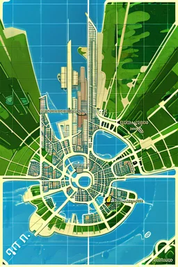 high detail map of an entire tropical dystopian small capital city