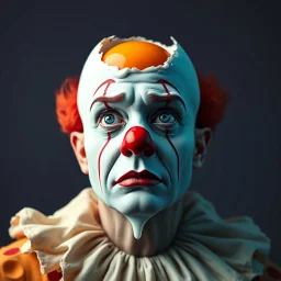 A lone and sad clown in a vibrant A surreal, hyper-realistic digital artwork of a human man clown with a cracked eggshell as the top of his head, revealing a raw egg yolk and egg white spilling down his red nose and his face face. The clownn’s facial expression is introspective and solemn, with piercing blue eyes gazing upward. The egg yolk is glossy, vibrant orange, and the egg white drips realistically down his sad face, emphasizing texture and gravity. The background is a sidewlk, soft gradie