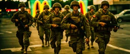 War Film but instead of U.S.A. soldiers it's McDonalds soldiers, cinematic, Fuji Film, Anamorphic lens, 2040s, deep depth of field, Solarpunk