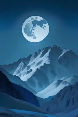 soft blue grey background, with a full moon highlighting the soft tones of the mountainous valley beloew