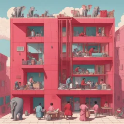 A vertical cross section of a multi-story building showing various rooms and inhabitants, including a person in a red shirt reading at a desk, another person dressed in pink washing clothes, and an elephant in a room with a red wall, with a sky sunny outside