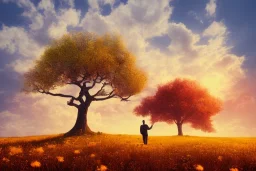 An Oak tree,on a valley,blue deep sky, Colourful meadow,and a man in red staring at the sunset,details,texture,8k quality, 100 meters snapshot, Expressionism