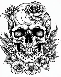 realistic skull with roses tattoo idea, line art, background, vector, svg, black outline on white background, leave plenty of white space beetween lines for coloring, tattoo style, tattoo idea,full body