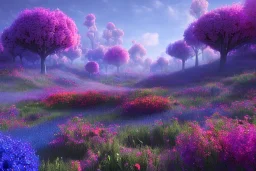 monde en fleurs bleu pink fuksia, concept art, crépuscule , trees bleu pink violet oranger, vibrant Color, réaliste