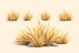 Isolated concept art of stylized alien dry grass on a plain neutral background. Simple low-poly design with minimal details, suitable for 3D modeling. The grass should look slightly alien — with unusual blade shapes, subtle color variations, and dry, brittle texture. Colors range from dusty yellow, ochre, muted green, and pale orange, blending naturally with desert or rocky terrain. No background, no shadows, clear separation of each grass clump, consistent lighting. Digital painting style
