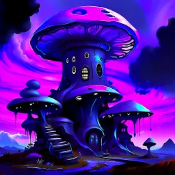 A fantabulous black, purple and blue (((mushroom tower house))) erected atop a (geologic pillar), surrounded by the uncanny imaginative ((( swirling skies))), offset by the stark hues of a (neon-tinged nebulous space scape), within. captured by the hand a skilled master painter with a focus on (softly blurred compositions and voluminous lighting).