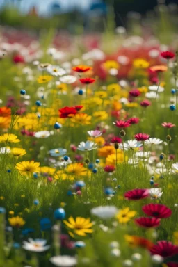 A field of wildflowers in full bloom, creating a kaleidoscope of colors under the bright sunlight. Ultra Realistic, National Geographic, Fujifilm GFX100S, 100mm telephoto lens, f/5.6 aperture, afternoon, macro, Provia 100F film