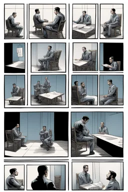 a page divided into 6 rectangular panels, each with different views of a man strapped to a chair and being interrogated, lower and higher perspectives, front and back, overhead light, suspenseful torture graphic novel, comic book