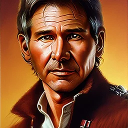 stunning photo realistic detailed head to waist portrait of harrison ford as han solo in star wars with photo realistic short hair, brown eyes,by drew struzan, Cindy Sherman, Sharp focus, weathered skin,space jacket from star wars,