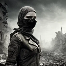 women with faces covered in black masks, ragged clothes, realistic, Life Magazine photgraphy, war-torn, destroyed city in the background, dystopian, 8k resolution, hyperrealistic, detailed matte painting, b&w, dynamic lighting, war, anarchy, rebels, terrorists