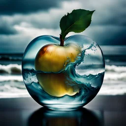 lovely double exposure image by blending together a stormy sea and a glass apple. The sea should serve as the underlying backdrop, with its details subtly incorporated into the glossy glass apple, sharp focus, double exposure, glossy glass apple, (translucent glass figure of an apple) (sea inside) lifeless, dead, glass apple, citrine colors, decadence, intricate design, hyper realistic, high definition, extremely detailed, dark softbox image, raytracing, cinematic, HDR, photorealistic