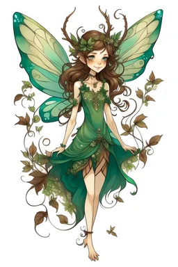 Forest fairy with iridesand teal wings and a cute short leaf dress and pointed ears and multiple vine earings and ear cuffs flying through a mythical forestand brown wavy hair