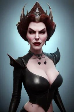 Hannah Waddingham as evil queen in black leather, busty, cleavage, voluptous, rebecca Welton, angry, stern look. character design by cory loftis, fenghua zhong, ryohei hase, ismail inceoglu and ruan jia. unreal engine 5, artistic lighting, highly detailed, photorealistic, fantasy