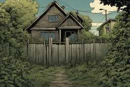 fence, house , overgrown apocalyptic background, comic book,