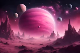 stelle grandi di colore rosa che vanno verso l'alto su uno sfondo di cielo con pianeti