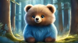 Cartoon, animation, adorable cute fluffy animal, cute little bear in the forest, blue fur, fluffy, dreamlike, mystical atmosphere, by hallie reynolds