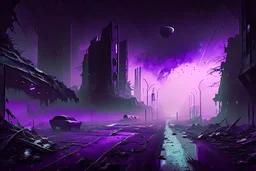 Intact & Functional Sci-fi Colony, Inside Destroyed City, Street View, Dense Purple Fog, Dead Soil, Broken Roads ,Black Night Sky, Stars, Space, Distant Alien Planets