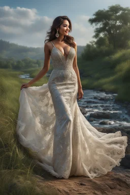 ((full shot body)) photo of the most beautiful artwork in the world featuring model, smiling, , High Detail, Sharp focus, dramatic, photorealistic, ultra sharp, ultra hd, hyper realistic, ultra realistic, ((((dress)))), trending on artstation, sharp focus, studio photo, intricate details, highly detailed, standing in nice pose in country side with river ,water fall ,rocky vally