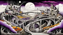 whimsical, weird long thin houses stand in village in weird whimsical landscape with long two bridges, , futur-surreal vibe with abstractions, around surreal cracked painted weird land with dark purple, gray, black, white, brown colors. style of Chagall , of Minjae Lee and Tim Burton, absurd beauty picture. weird bizarre absurd, nightmare, big neuron network clouds background and thin bridges, too big, too elongated shapes, psychedelic dream