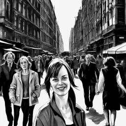 woman in the midle of a peatonal walk in e great city; behind her, unfocaused, other people walking, realism, black and white