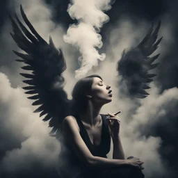 woman sitting forward Her face upward and blows cigarette smoke from their mouth upward. a figure with wings emerging from its back. behind the clouds of smoke look death. dark and mysterious