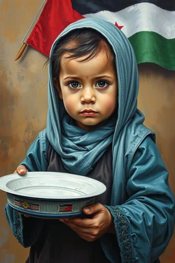 an expressive painting of a 1 year baby girl poor with Ruth clothes holding an empty plate in line with out her children’s asking for food with a pan in her hand painting, with Palestinian flag in the background, we might see a companion with features of absolute strength and determination, blended with warmth and deep faith. Perhaps his face expresses wisdom and courage, with eyes radiating confidence and faith.